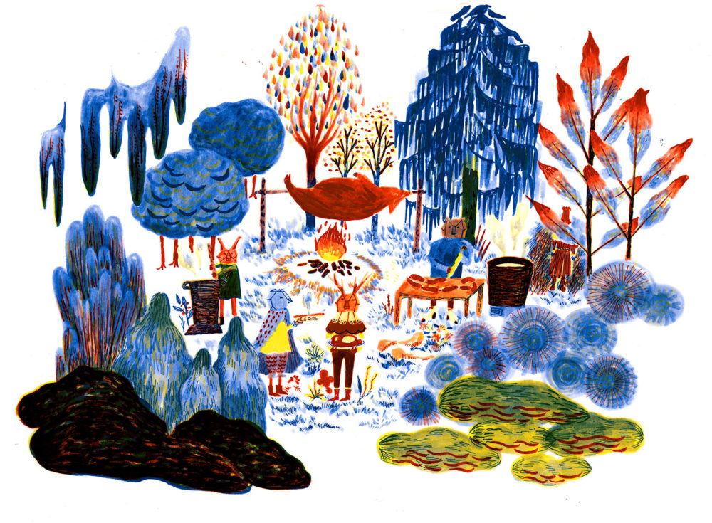 松本 沙希 “マソプスト” 2018, 絵本「The Lost spring」より。チェコの冬の終わりの謝肉祭マソプストの様子。仮面をかぶった子供たちが豚を解体して料理を作る。3色リソグラフ手刷。