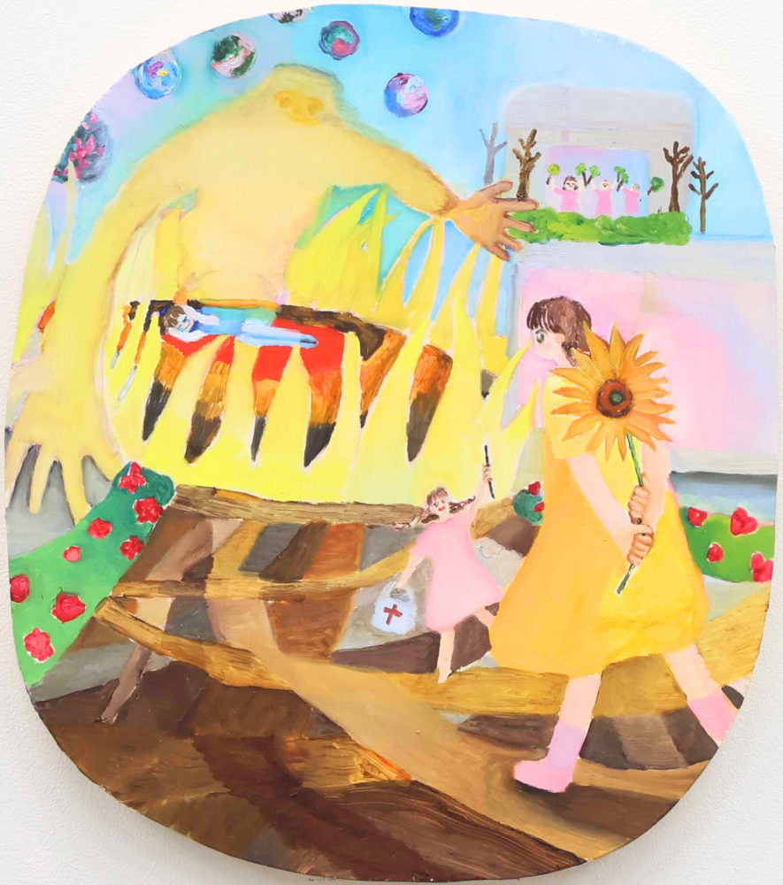 藤原彩芽	Ayame Fujiwara「お花渡し」　41.5×37.0×3.5cm	(約6号)	油彩・シナベニヤ